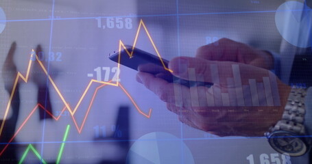 Image of financial data processing over caucasian man using smartphone