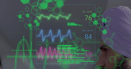 Image of chemical formula and data processing over biracial male doctor in hospital