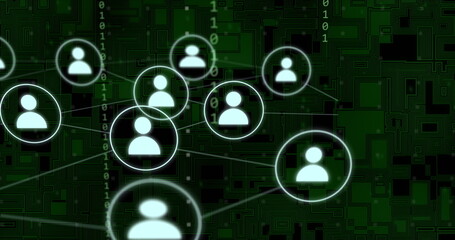 Image of network of connections with icons over binary coding