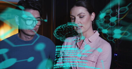 Image of data processing with brains over diverse colleagues using tablet in server room