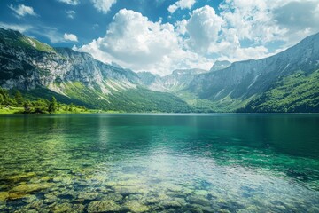 Obraz premium Green mountains and clear waters, blue skies and white clouds, beautiful natural scenery