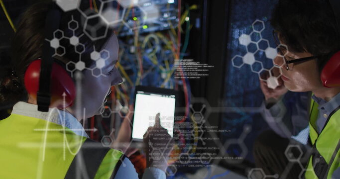 Image of data processing and chemical formula over diverse workers in server room