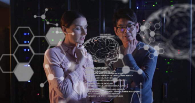 Image of data processing with brains over diverse colleagues using tablet in server room