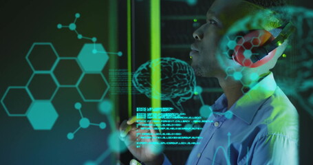 Image of data processing with brains over african american businessman in server room