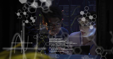 Image of data processing and chemical formula over diverse colleagues in server room