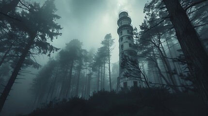 A tall, white lighthouse stands tall in a dense, foggy forest.