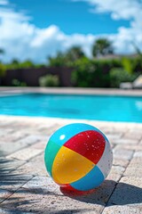 Obraz premium A bright and colorful beach ball resting by a swimming pool