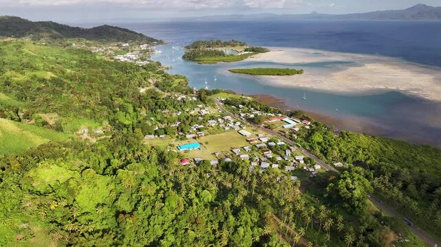 A Sweeping View of Savusavu Town, the "Hidden Paradise," Located on Vanua Levu Island in Fiji - Aerial Drone Shot
