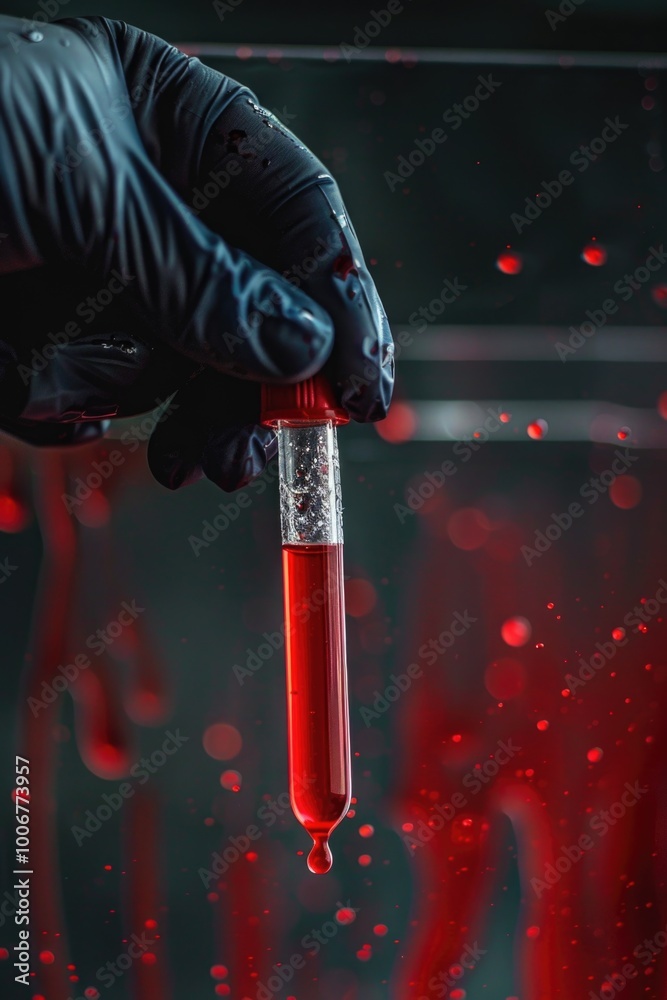 Poster A person wearing gloves holds a tube of blood for medical testing