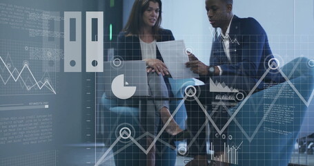 Image of financial data processing over diverse colleagues discussing work in office