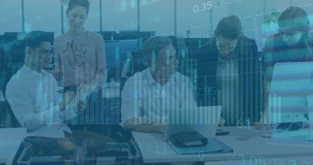 Image of financial data processing over diverse business people in office