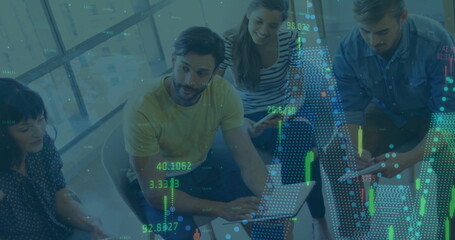 Image of financial data processing over diverse business people in office