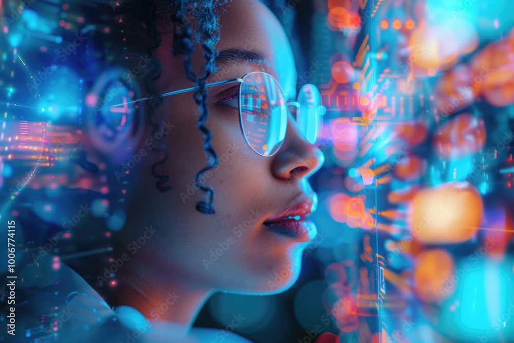 Poster a person studying information on a digital device with glasses on