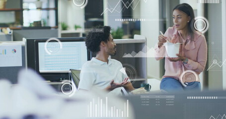 Image of financial data processing over diverse colleagues discussing work in office