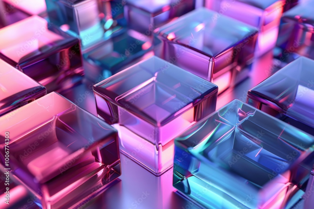 Poster a collection of transparent glass cubes resting on a surface, potentially used for decorative purpos