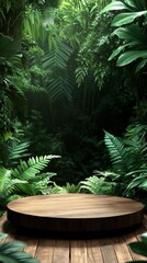  Mock up Dark wooden podium with lush green ferns and tropical jungle theme. Pedestal stage for eco-friendly product presentation. Natural scene for advertising. Sale promotion background. 