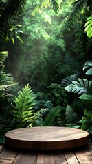  Mock up Dark wooden podium with lush green ferns and tropical jungle theme. Pedestal stage for eco-friendly product presentation. Natural scene for advertising. Sale promotion background. 
