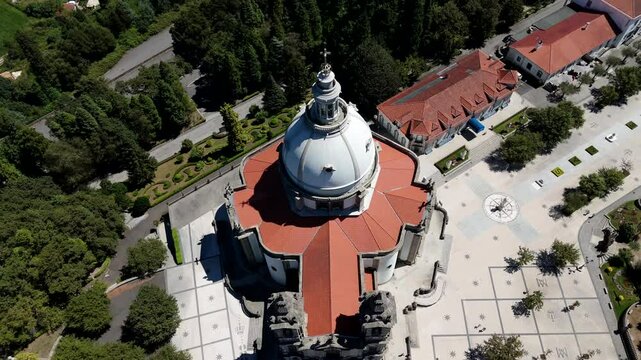 Overhead view of the Sanctuary of Sameiro's dome with surrounding greenery and plaza. Braga Portugal