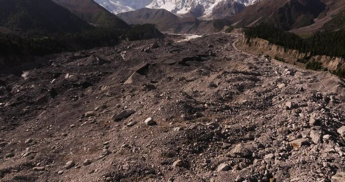 Birds Eye View Above Melted Glacier, Pan Up Reveals Nanga Parbat, Pakistan. Global Warming Concept