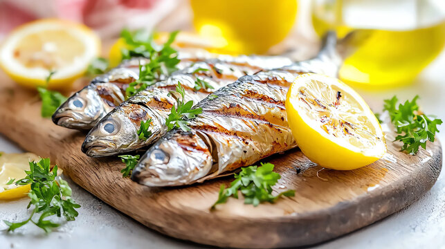 Grilled fish with lemon and herbs on a wooden cutting board, fresh and appetizing.