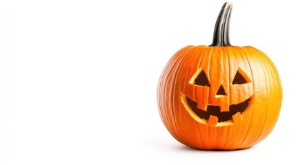 Fototapeta premium A bright orange Halloween pumpkin with a carved spooky face, isolated on a clean white background, perfect for seasonal decorations and themes.
