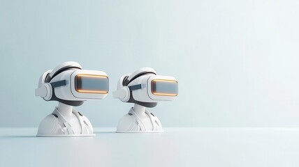 Two futuristic robots with VR headsets on a minimalist background.