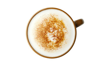 Obraz premium Top view of a frothy cappuccino sprinkled with cinnamon in a brown mug, isolated on a white background, perfect for coffee-themed designs.