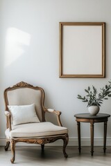 A simple white wall with an empty wooden frame hanging on it, with a classic armchair and side table beside the chair. 