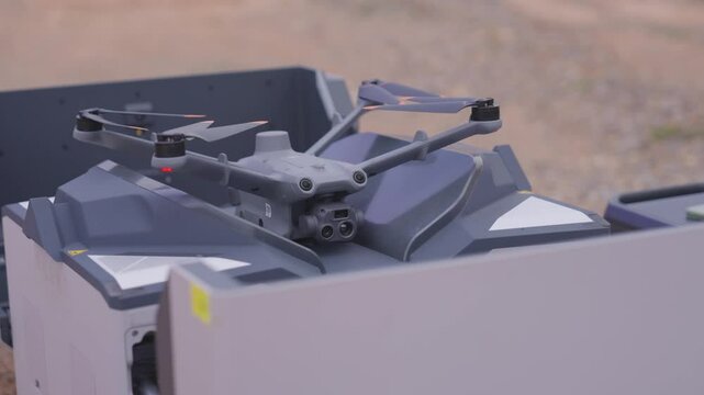 Industrial drone in specialized transportation and charging box, Czechia