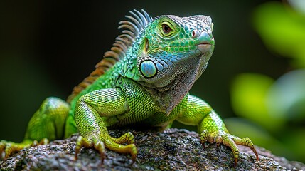 Naklejka premium Green Iguana Lizard Reptile Wildlife Nature Close Up Portrait