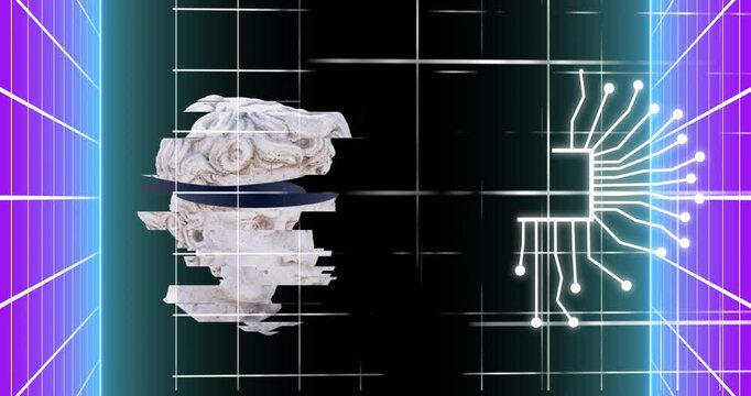 Ancient sculpture with brain and circuit board animation over grid background