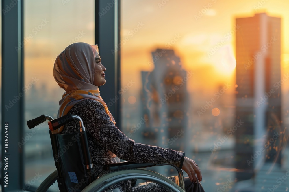 Poster a person in a wheelchair looks out a window with a thoughtful expression