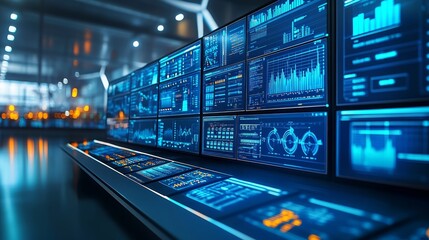 High-tech control room with screens. Monitors show complex data visualizations, highlighting technological advancements.