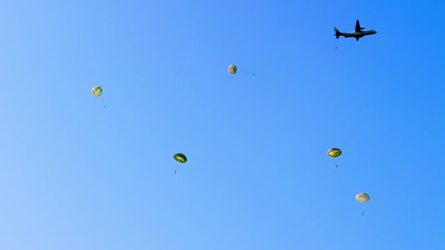 A military aircraft releases paratroopers who descend under round parachutes against a bright blue sky. Captured during a military airborne training exercise at Ginkelse Heide, Netherlands