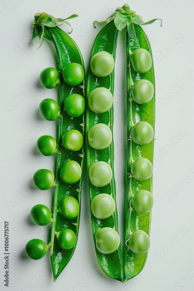 Poster two peas sitting together on a surface, possibly in a row or on a plate