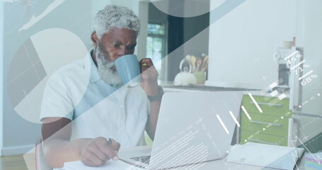 Image of financial data processing over african american man using laptop