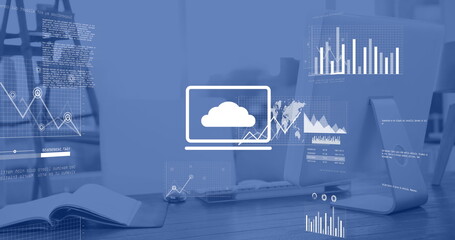 Image of financial data processing and icons over desk in office