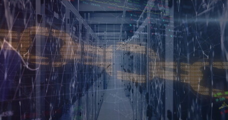 Image of chain and digital data processing over computer servers