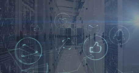 Image of icons and digital data processing over computer servers