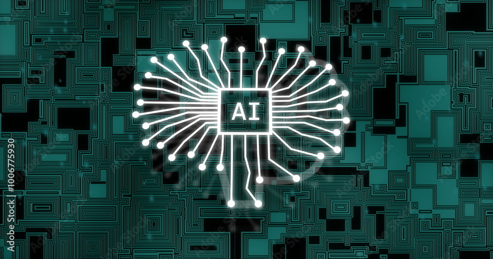 Poster image of digital processor with ai text over moving shapes