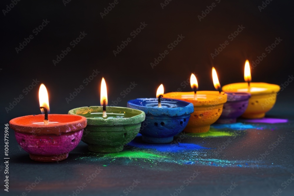 Poster a row of colorful candles in a line, perfect for decorative purposes or as a symbol