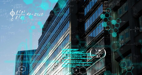 Image of data processing with chemical formula and mathematical equations over office building