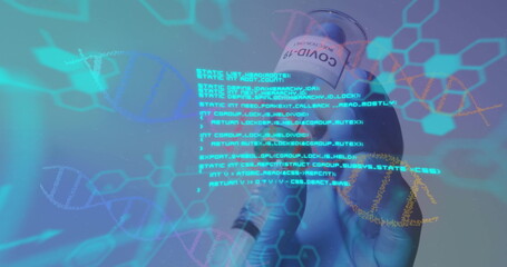 Image of dna strands and data processing over doctor holding vial and syringe