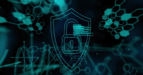 Image of chemical formula with padlock icon and data processing on black background
