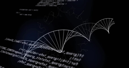 Image of dna strand and data processing on black background