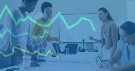 Image of financial data processing over diverse colleagues discussing work in office