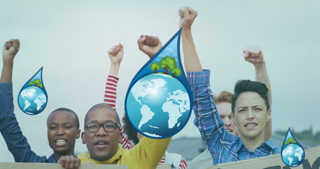 Image of fight climate change placards and earth water drops over diverse group at protest