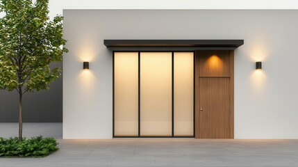 Urban chic beauty salon facade with modern materials, sleek lighting, glass walls, minimalist signage, Beauty Salon, Urban Chic