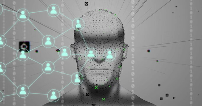 Image of network of connections with icons over binary coding and digital human