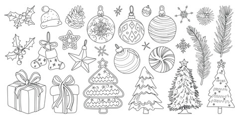 Set of isolated Christmas and New Year party decoration ornaments in cute doodle hand-drawn graphic illustration style on a transparent background. Black outline style. Volume 1.